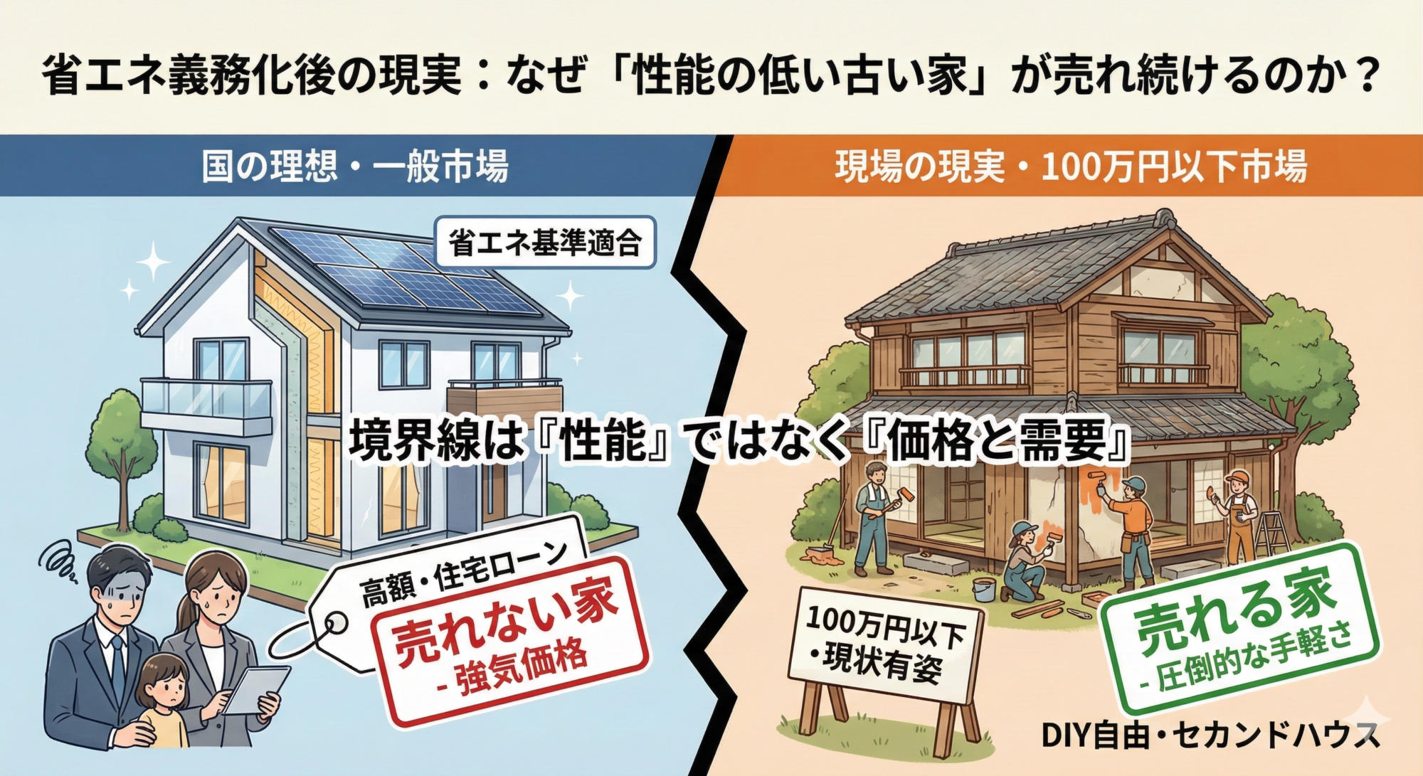 省エネ義務化後の市場図解：性能ではなく「価格と需要」が売れる境界線