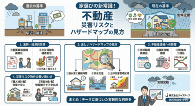 「家選びの新常識！不動産災害リスクとハザードマップの見方」の要点をまとめたインフォグラフィックイラスト。