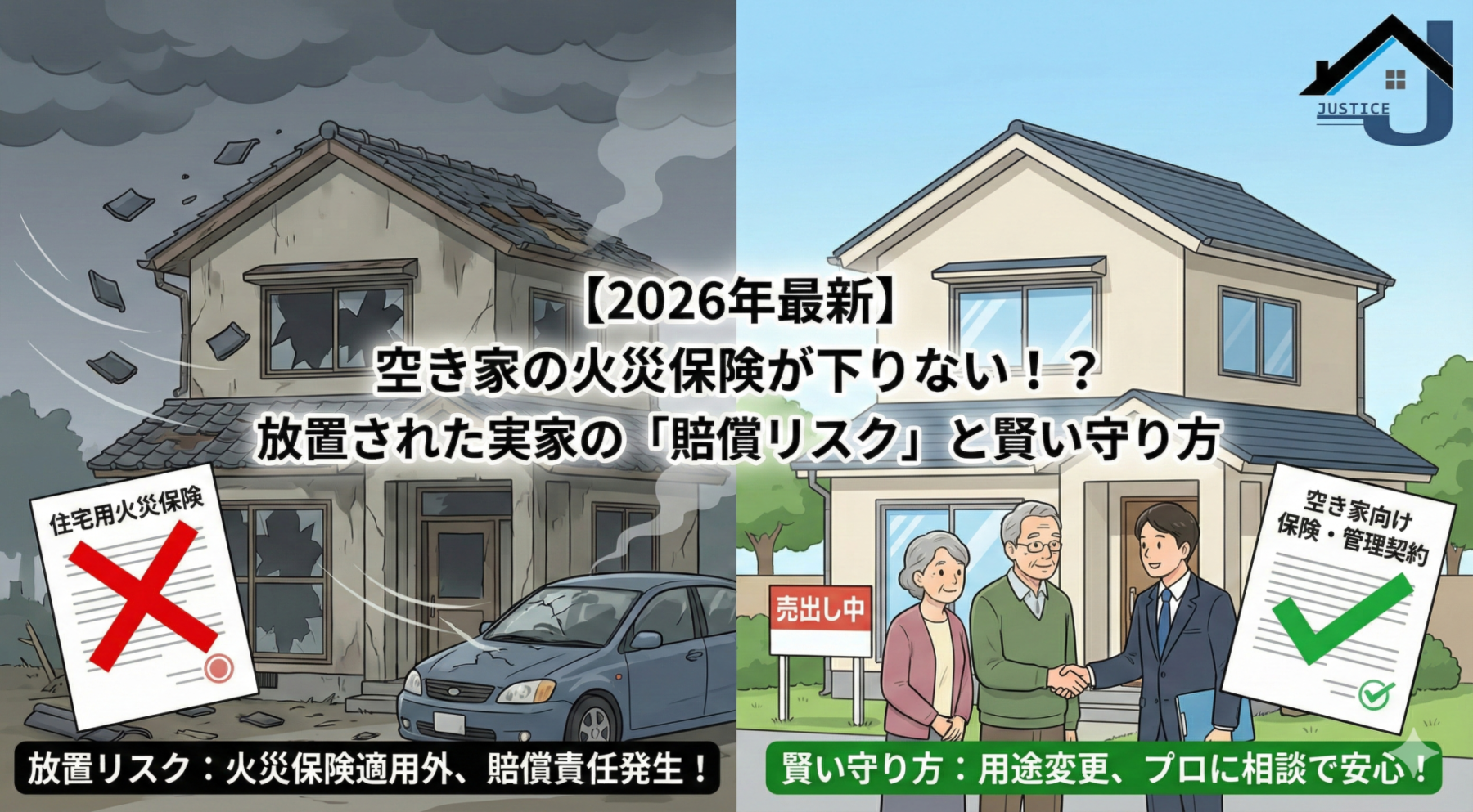 空き家の火災保険が下りない放置リスクと、適切な対策を左右で比較したイラスト