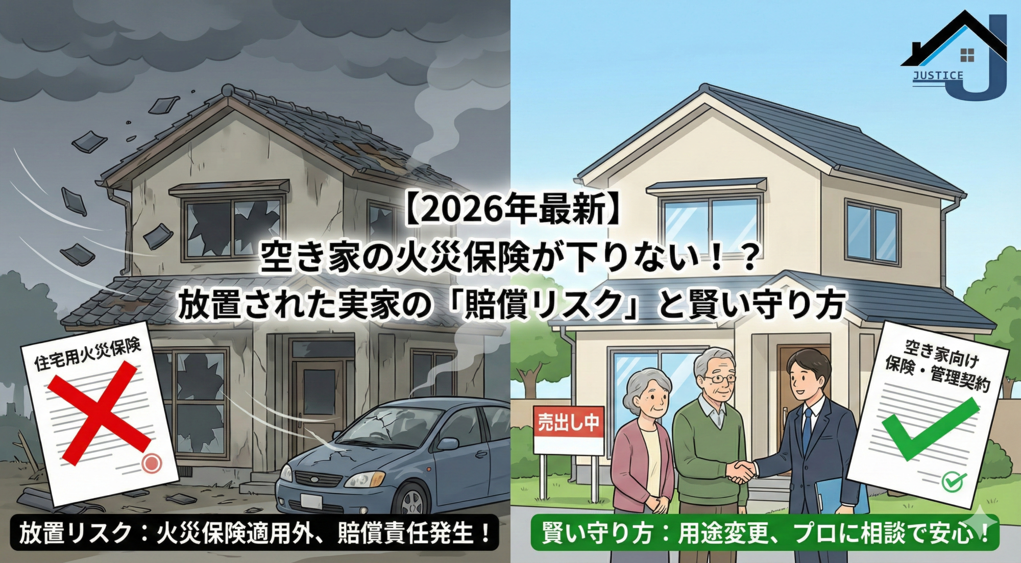 空き家の火災保険が下りない放置リスクと、適切な対策を左右で比較したイラスト