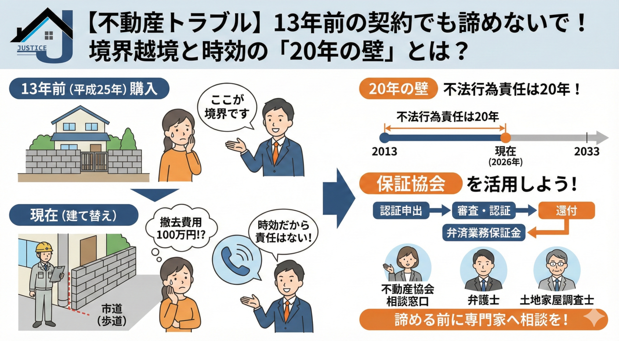 【不動産トラブル】13年前の契約でも諦めないで！境界越境と時効の「20年の壁」とは？の図解インフォグラフィック。13年越しに発覚した市道への越境トラブル事例と、それに対する解決策として「不法行為責任の時効は20年」であること、「保証協会の弁済業務保証金制度」を活用する流れ、そして専門家（不動産協会相談窓口、弁護士、土地家屋調査士）への相談を促す内容をイラストで分かりやすく解説している。
