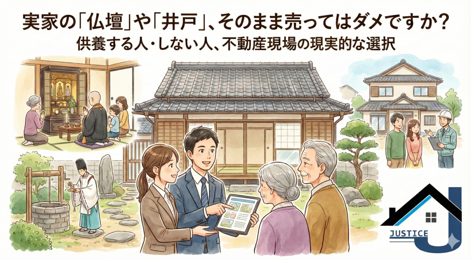 実家の仏壇や井戸、庭石がある家の売却相談イメージイラスト。供養や処分の悩みに寄り添う株式会社ジャスティスの不動産売却サポート。