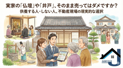 実家の仏壇や井戸、庭石がある家の売却相談イメージイラスト。供養や処分の悩みに寄り添う株式会社ジャスティスの不動産売却サポート。