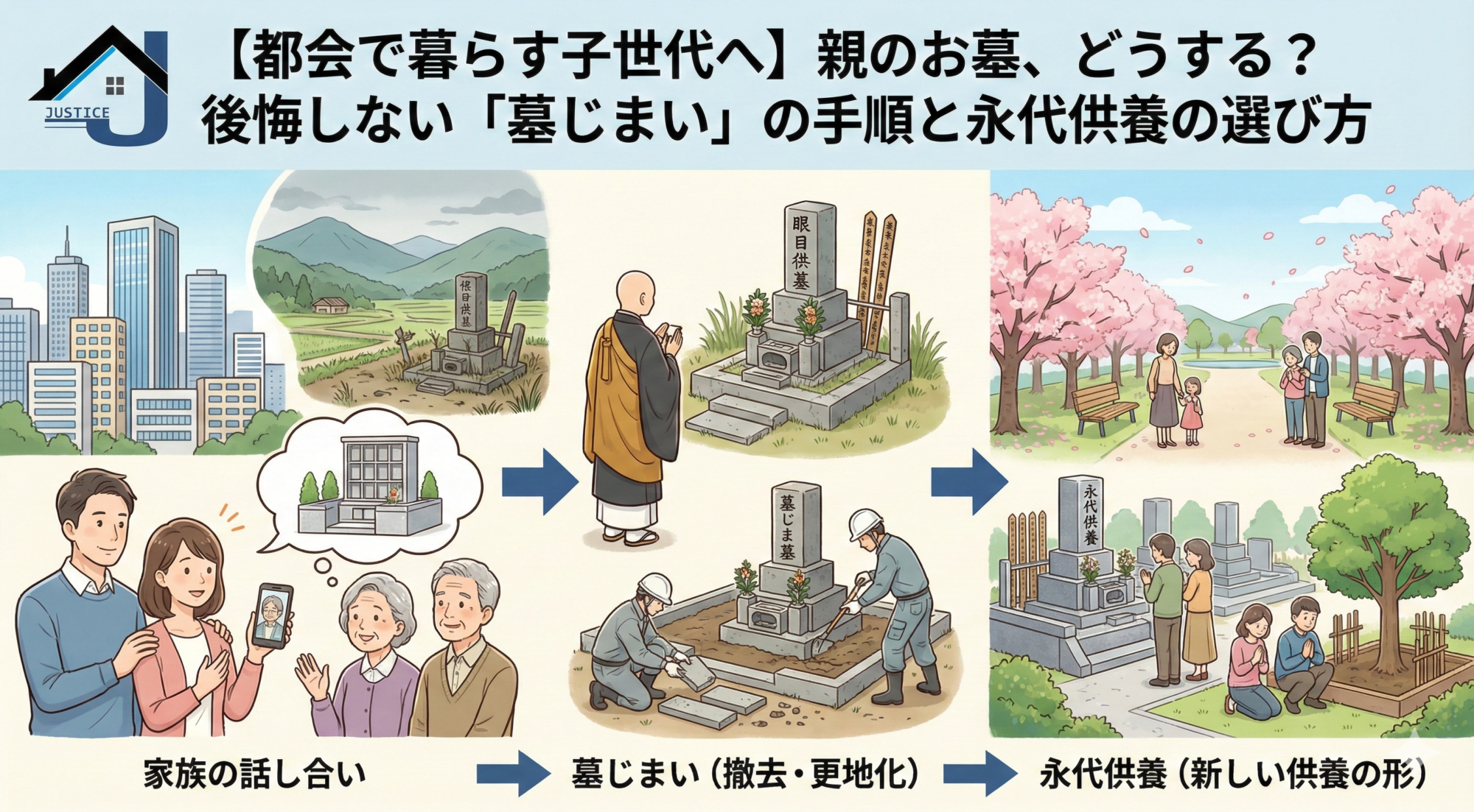 墓じまいの手順と永代供養の選び方を解説するイラスト。家族の話し合い、墓石の撤去・更地化、永代供養や樹木葬への改葬までの流れを分かりやすく図解。不動産のジャスティス作成。