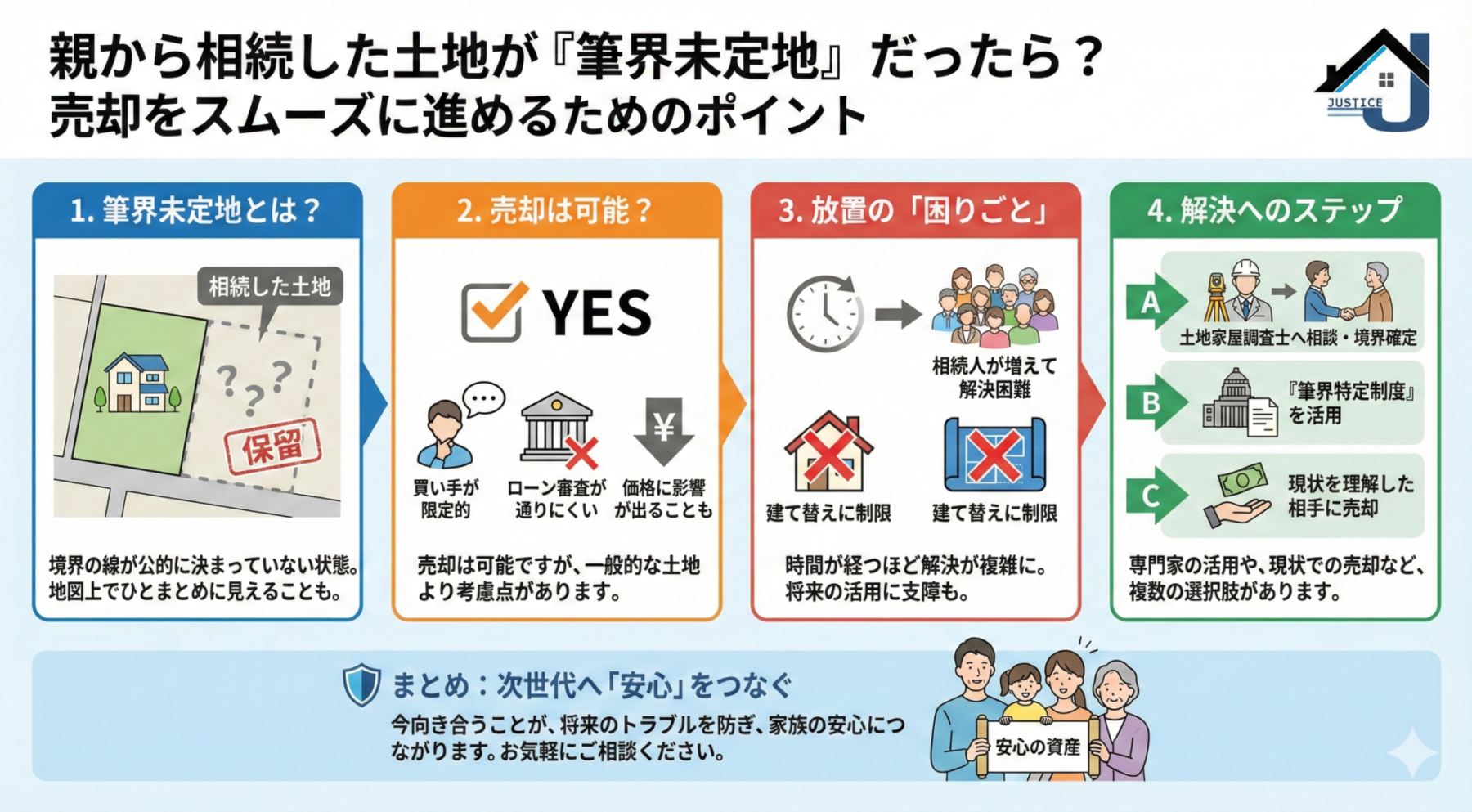 相続した「筆界未定地」の売却と解決方法を解説する図解。売却時の注意点、放置のリスク、境界確定へのステップを4項目で分かりやすく紹介。