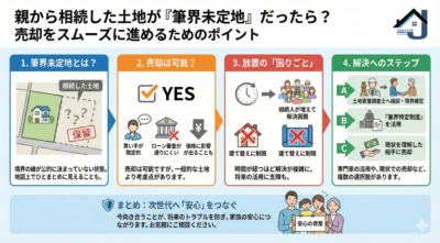 相続した「筆界未定地」の売却と解決方法を解説する図解。売却時の注意点、放置のリスク、境界確定へのステップを4項目で分かりやすく紹介。
