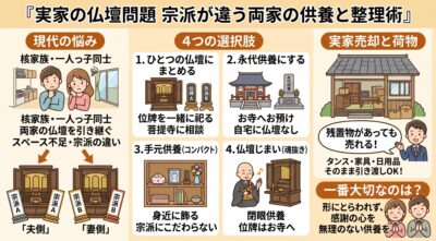 宗派が違う両家の仏壇の祀り方、永代供養、手元供養、仏壇じまいの比較図