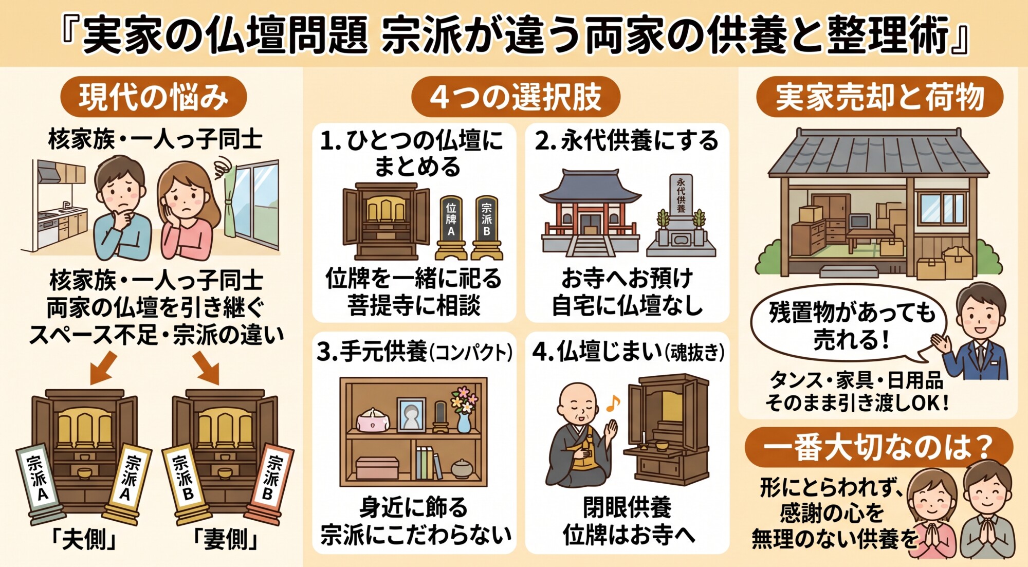 宗派が違う両家の仏壇の祀り方、永代供養、手元供養、仏壇じまいの比較図