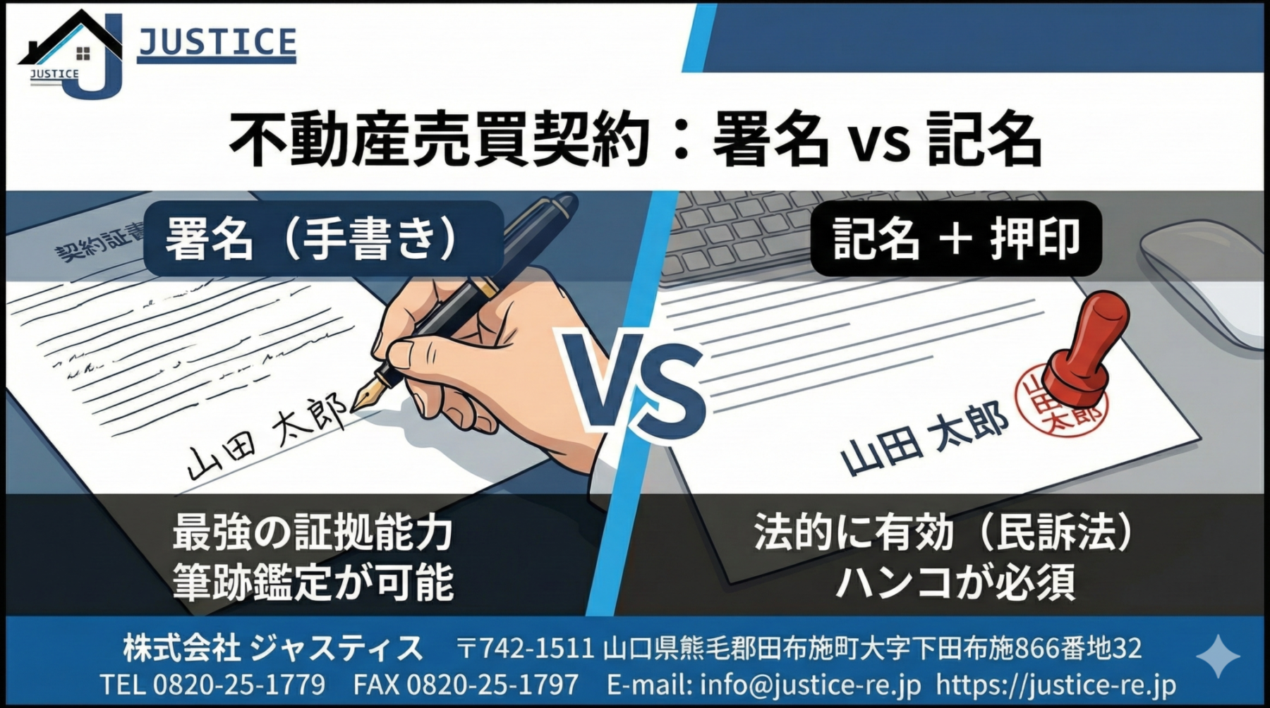 不動産売買契約における「署名（手書き）」と「記名＋押印」の違いを比較した図解イラスト
