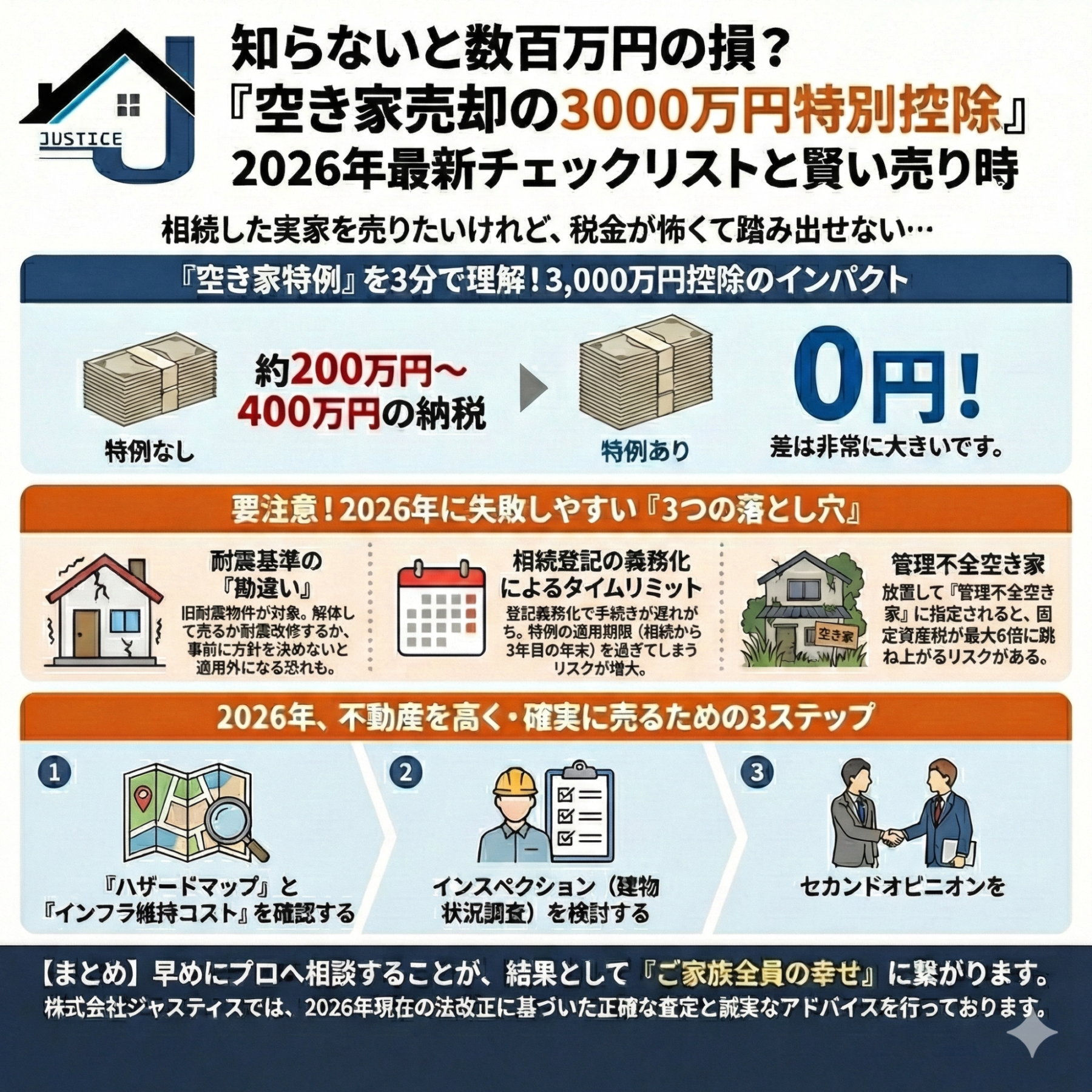 空き家売却の「3000万円特別控除」に関する2026年最新チェックリストと賢い売り時を解説した株式会社ジャスティスのインフォグラフィック。特例利用による納税額0円のメリット、2026年に注意すべき「3つの落とし穴」（耐震基準・相続登記・管理不全）、不動産を高く確実に売るための3ステップ、そして早めの専門家への相談の重要性をまとめています。