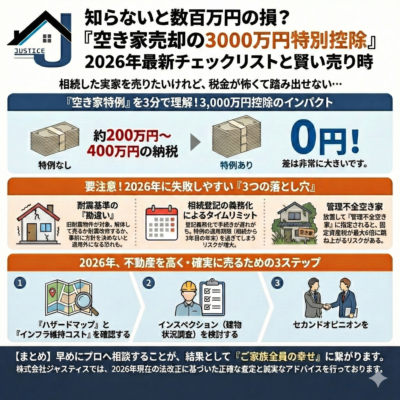 空き家売却の「3000万円特別控除」に関する2026年最新チェックリストと賢い売り時を解説した株式会社ジャスティスのインフォグラフィック。特例利用による納税額0円のメリット、2026年に注意すべき「3つの落とし穴」（耐震基準・相続登記・管理不全）、不動産を高く確実に売るための3ステップ、そして早めの専門家への相談の重要性をまとめています。